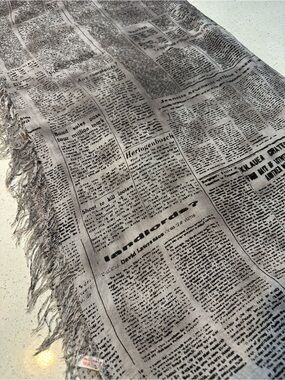 Vintage Newspaper Print Oversized Scarf Gray Fringe Cotton Blend Wrap NWOT